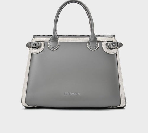 Belmont Storm Grey colour-block structured handbag for women with buckle straps